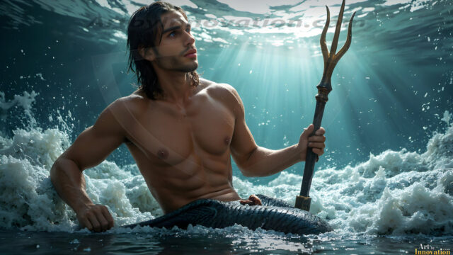 AI-generated HD photos featuring Mermen, The Warriors of the Sea. A collection of over 1,000 AI generated photo images of Mermen Warriors. Shirtless men from all age groups, with slim builds to hot and sexy, muscular body types, and from teenaged boys, to young men, to the handsome Elders. Merman warriors rising from a whirlpool, with a trident in hand, set against a stormy backdrop with dramatic lighting. Vibrant coral reefs, with detailed underwater scenes, highly realistic, with obsidian scales, that shimmer in the sunlight.