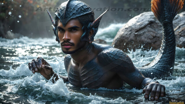 AI-generated HD photos featuring Mermen, The Warriors of the Sea. A collection of over 1,000 AI generated photo images of Mermen Warriors. Shirtless men from all age groups, with slim builds to hot and sexy, muscular body types, and from teenaged boys, to young men, to the handsome Elders. Merman warriors rising from a whirlpool, with a trident in hand, set against a stormy backdrop with dramatic lighting. Vibrant coral reefs, with detailed underwater scenes, highly realistic, with obsidian scales, that shimmer in the sunlight.