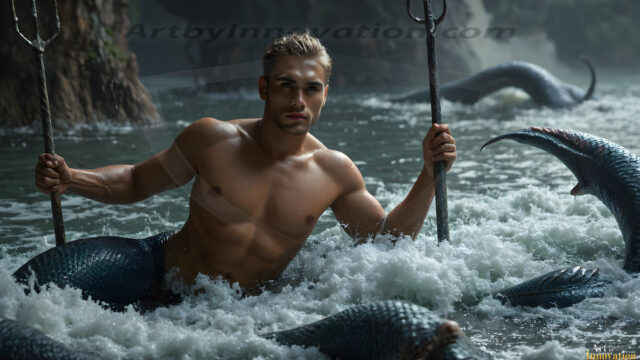 AI-generated HD photos featuring Mermen, The Warriors of the Sea. A collection of over 1,000 AI generated photo images of Mermen Warriors. Shirtless men from all age groups, with slim builds to hot and sexy, muscular body types, and from teenaged boys, to young men, to the handsome Elders. Merman warriors rising from a whirlpool, with a trident in hand, set against a stormy backdrop with dramatic lighting. Vibrant coral reefs, with detailed underwater scenes, highly realistic, with obsidian scales, that shimmer in the sunlight.