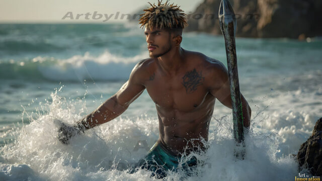 AI-generated HD photos featuring Mermen, The Warriors of the Sea. A collection of over 1,000 AI generated photo images of Mermen Warriors. Shirtless men from all age groups, with slim builds to hot and sexy, muscular body types, and from teenaged boys, to young men, to the handsome Elders. Merman warriors rising from a whirlpool, with a trident in hand, set against a stormy backdrop with dramatic lighting. Vibrant coral reefs, with detailed underwater scenes, highly realistic, with obsidian scales, that shimmer in the sunlight.