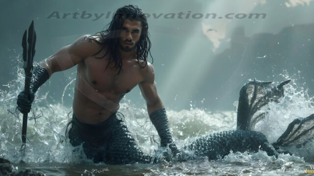AI-generated HD photos featuring Mermen, The Warriors of the Sea. A collection of over 1,000 AI generated photo images of Mermen Warriors. Shirtless men from all age groups, with slim builds to hot and sexy, muscular body types, and from teenaged boys, to young men, to the handsome Elders. Merman warriors rising from a whirlpool, with a trident in hand, set against a stormy backdrop with dramatic lighting. Vibrant coral reefs, with detailed underwater scenes, highly realistic, with obsidian scales, that shimmer in the sunlight.
