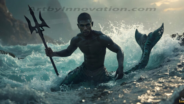 AI-generated HD photos featuring Mermen, The Warriors of the Sea. A collection of over 1,000 AI generated photo images of Mermen Warriors. Shirtless men from all age groups, with slim builds to hot and sexy, muscular body types, and from teenaged boys, to young men, to the handsome Elders. Merman warriors rising from a whirlpool, with a trident in hand, set against a stormy backdrop with dramatic lighting. Vibrant coral reefs, with detailed underwater scenes, highly realistic, with obsidian scales, that shimmer in the sunlight.