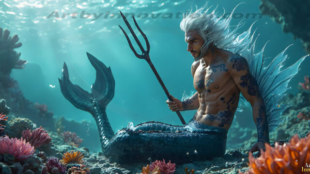 AI-generated HD photos featuring Mermen, The Warriors of the Sea. A collection of over 1,000 AI generated photo images of Mermen Warriors. Shirtless men from all age groups, with slim builds to hot and sexy, muscular body types, and from teenaged boys, to young men, to the handsome Elders. Merman warriors rising from a whirlpool, with a trident in hand, set against a stormy backdrop with dramatic lighting. Vibrant coral reefs, with detailed underwater scenes, highly realistic, with obsidian scales, that shimmer in the sunlight.