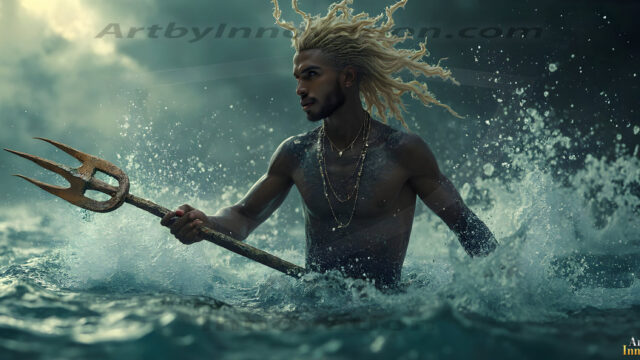 AI-generated HD photos featuring Mermen, The Warriors of the Sea. A collection of over 1,000 AI generated photo images of Mermen Warriors. Shirtless men from all age groups, with slim builds to hot and sexy, muscular body types, and from teenaged boys, to young men, to the handsome Elders. Merman warriors rising from a whirlpool, with a trident in hand, set against a stormy backdrop with dramatic lighting. Vibrant coral reefs, with detailed underwater scenes, highly realistic, with obsidian scales, that shimmer in the sunlight.