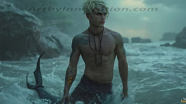 AI-generated HD photos featuring Mermen, The Warriors of the Sea. A collection of over 1,000 AI generated photo images of Mermen Warriors. Shirtless men from all age groups, with slim builds to hot and sexy, muscular body types, and from teenaged boys, to young men, to the handsome Elders. Merman warriors rising from a whirlpool, with a trident in hand, set against a stormy backdrop with dramatic lighting. Vibrant coral reefs, with detailed underwater scenes, highly realistic, with obsidian scales, that shimmer in the sunlight.