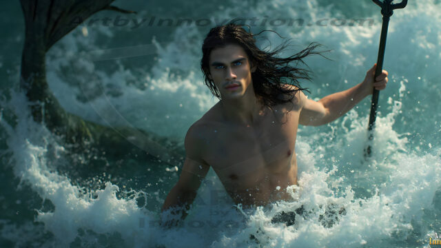 AI-generated HD photos featuring Mermen, The Warriors of the Sea. A collection of over 1,000 AI generated photo images of Mermen Warriors. Shirtless men from all age groups, with slim builds to hot and sexy, muscular body types, and from teenaged boys, to young men, to the handsome Elders. Merman warriors rising from a whirlpool, with a trident in hand, set against a stormy backdrop with dramatic lighting. Vibrant coral reefs, with detailed underwater scenes, highly realistic, with obsidian scales, that shimmer in the sunlight.