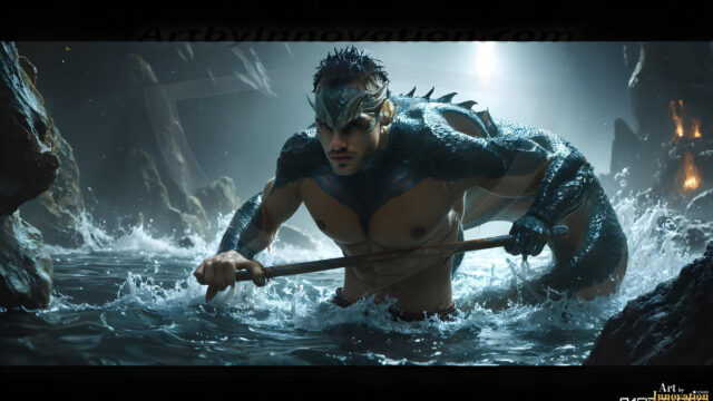 AI-generated HD photos featuring Mermen, The Warriors of the Sea. A collection of over 1,000 AI generated photo images of Mermen Warriors. Shirtless men from all age groups, with slim builds to hot and sexy, muscular body types, and from teenaged boys, to young men, to the handsome Elders. Merman warriors rising from a whirlpool, with a trident in hand, set against a stormy backdrop with dramatic lighting. Vibrant coral reefs, with detailed underwater scenes, highly realistic, with obsidian scales, that shimmer in the sunlight.