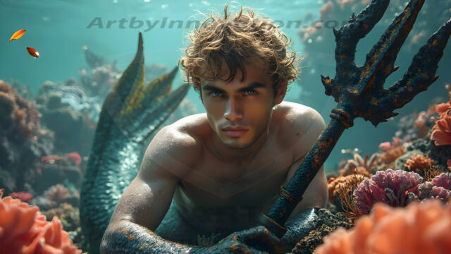 AI-generated HD photos featuring Mermen, The Warriors of the Sea. A collection of over 1,000 AI generated photo images of Mermen Warriors. Shirtless men from all age groups, with slim builds to hot and sexy, muscular body types, and from teenaged boys, to young men, to the handsome Elders. Merman warriors rising from a whirlpool, with a trident in hand, set against a stormy backdrop with dramatic lighting. Vibrant coral reefs, with detailed underwater scenes, highly realistic, with obsidian scales, that shimmer in the sunlight.