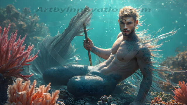 AI-generated HD photos featuring Mermen, The Warriors of the Sea. A collection of over 1,000 AI generated photo images of Mermen Warriors. Shirtless men from all age groups, with slim builds to hot and sexy, muscular body types, and from teenaged boys, to young men, to the handsome Elders. Merman warriors rising from a whirlpool, with a trident in hand, set against a stormy backdrop with dramatic lighting. Vibrant coral reefs, with detailed underwater scenes, highly realistic, with obsidian scales, that shimmer in the sunlight.
