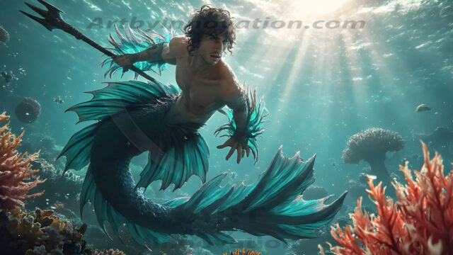 AI-generated HD photos featuring Mermen, The Warriors of the Sea. A collection of over 1,000 AI generated photo images of Mermen Warriors. Shirtless men from all age groups, with slim builds to hot and sexy, muscular body types, and from teenaged boys, to young men, to the handsome Elders. Merman warriors rising from a whirlpool, with a trident in hand, set against a stormy backdrop with dramatic lighting. Vibrant coral reefs, with detailed underwater scenes, highly realistic, with obsidian scales, that shimmer in the sunlight.