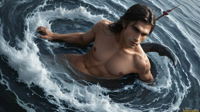 AI-generated HD photos featuring Mermen, The Warriors of the Sea. A collection of over 1,000 AI generated photo images of Mermen Warriors. Shirtless men from all age groups, with slim builds to hot and sexy, muscular body types, and from teenaged boys, to young men, to the handsome Elders. Merman warriors rising from a whirlpool, with a trident in hand, set against a stormy backdrop with dramatic lighting. Vibrant coral reefs, with detailed underwater scenes, highly realistic, with obsidian scales, that shimmer in the sunlight.