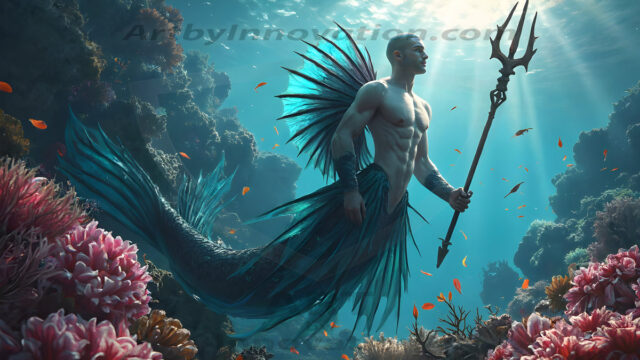 AI-generated HD photos featuring Mermen, The Warriors of the Sea. A collection of over 1,000 AI generated photo images of Mermen Warriors. Shirtless men from all age groups, with slim builds to hot and sexy, muscular body types, and from teenaged boys, to young men, to the handsome Elders. Merman warriors rising from a whirlpool, with a trident in hand, set against a stormy backdrop with dramatic lighting. Vibrant coral reefs, with detailed underwater scenes, highly realistic, with obsidian scales, that shimmer in the sunlight.