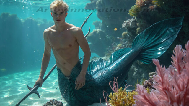 AI-generated HD photos featuring Mermen, The Warriors of the Sea. A collection of over 1,000 AI generated photo images of Mermen Warriors. Shirtless men from all age groups, with slim builds to hot and sexy, muscular body types, and from teenaged boys, to young men, to the handsome Elders. Merman warriors rising from a whirlpool, with a trident in hand, set against a stormy backdrop with dramatic lighting. Vibrant coral reefs, with detailed underwater scenes, highly realistic, with obsidian scales, that shimmer in the sunlight.