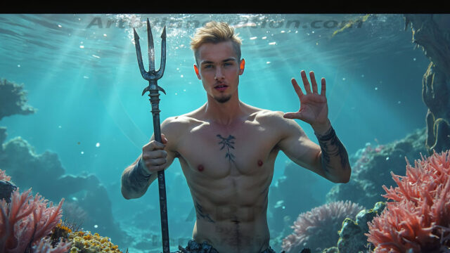 AI-generated HD photos featuring Mermen, The Warriors of the Sea. A collection of over 1,000 AI generated photo images of Mermen Warriors. Shirtless men from all age groups, with slim builds to hot and sexy, muscular body types, and from teenaged boys, to young men, to the handsome Elders. Merman warriors rising from a whirlpool, with a trident in hand, set against a stormy backdrop with dramatic lighting. Vibrant coral reefs, with detailed underwater scenes, highly realistic, with obsidian scales, that shimmer in the sunlight.
