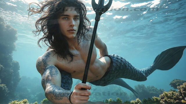 AI-generated HD photos featuring Mermen, The Warriors of the Sea. A collection of over 1,000 AI generated photo images of Mermen Warriors. Shirtless men from all age groups, with slim builds to hot and sexy, muscular body types, and from teenaged boys, to young men, to the handsome Elders. Merman warriors rising from a whirlpool, with a trident in hand, set against a stormy backdrop with dramatic lighting. Vibrant coral reefs, with detailed underwater scenes, highly realistic, with obsidian scales, that shimmer in the sunlight.