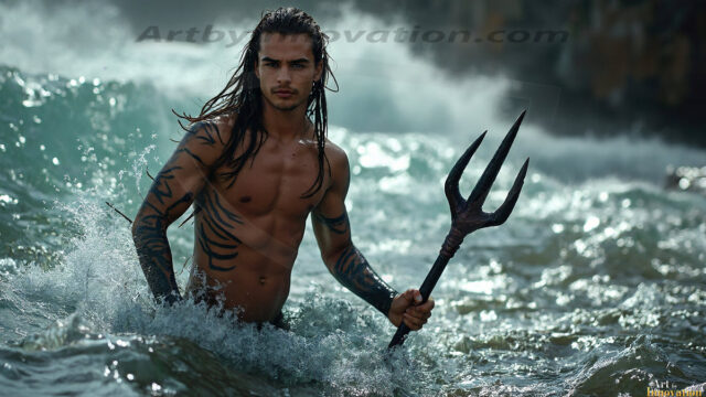 AI-generated HD photos featuring Mermen, The Warriors of the Sea. A collection of over 1,000 AI generated photo images of Mermen Warriors. Shirtless men from all age groups, with slim builds to hot and sexy, muscular body types, and from teenaged boys, to young men, to the handsome Elders. Merman warriors rising from a whirlpool, with a trident in hand, set against a stormy backdrop with dramatic lighting. Vibrant coral reefs, with detailed underwater scenes, highly realistic, with obsidian scales, that shimmer in the sunlight.