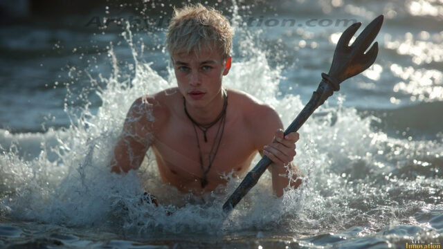 AI-generated HD photos featuring Mermen, The Warriors of the Sea. A collection of over 1,000 AI generated photo images of Mermen Warriors. Shirtless men from all age groups, with slim builds to hot and sexy, muscular body types, and from teenaged boys, to young men, to the handsome Elders. Merman warriors rising from a whirlpool, with a trident in hand, set against a stormy backdrop with dramatic lighting. Vibrant coral reefs, with detailed underwater scenes, highly realistic, with obsidian scales, that shimmer in the sunlight.