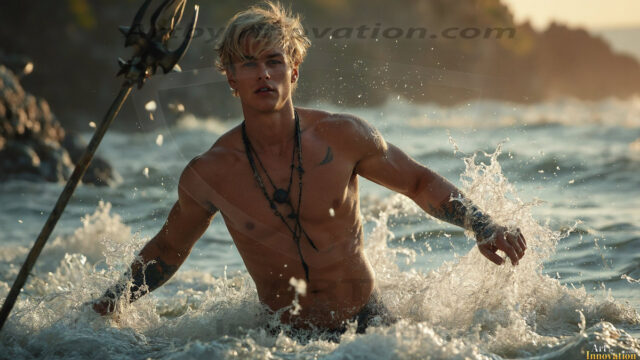 AI-generated HD photos featuring Mermen, The Warriors of the Sea. A collection of over 1,000 AI generated photo images of Mermen Warriors. Shirtless men from all age groups, with slim builds to hot and sexy, muscular body types, and from teenaged boys, to young men, to the handsome Elders. Merman warriors rising from a whirlpool, with a trident in hand, set against a stormy backdrop with dramatic lighting. Vibrant coral reefs, with detailed underwater scenes, highly realistic, with obsidian scales, that shimmer in the sunlight.