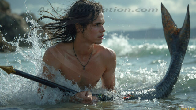 AI-generated HD photos featuring Mermen, The Warriors of the Sea. A collection of over 1,000 AI generated photo images of Mermen Warriors. Shirtless men from all age groups, with slim builds to hot and sexy, muscular body types, and from teenaged boys, to young men, to the handsome Elders. Merman warriors rising from a whirlpool, with a trident in hand, set against a stormy backdrop with dramatic lighting. Vibrant coral reefs, with detailed underwater scenes, highly realistic, with obsidian scales, that shimmer in the sunlight.