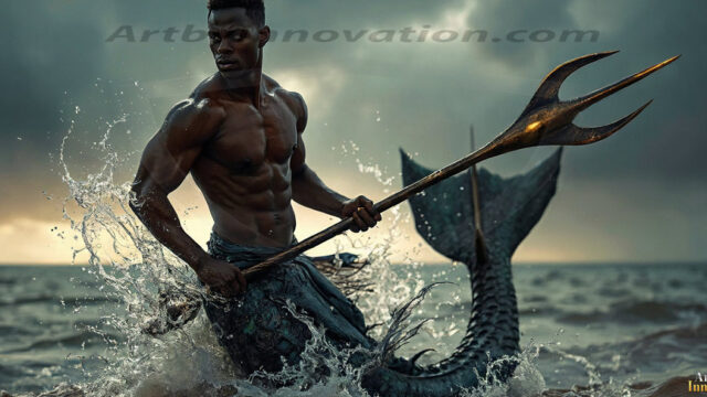 AI-generated HD photos featuring Mermen, The Warriors of the Sea. A collection of over 1,000 AI generated photo images of Mermen Warriors. Shirtless men from all age groups, with slim builds to hot and sexy, muscular body types, and from teenaged boys, to young men, to the handsome Elders. Merman warriors rising from a whirlpool, with a trident in hand, set against a stormy backdrop with dramatic lighting. Vibrant coral reefs, with detailed underwater scenes, highly realistic, with obsidian scales, that shimmer in the sunlight.