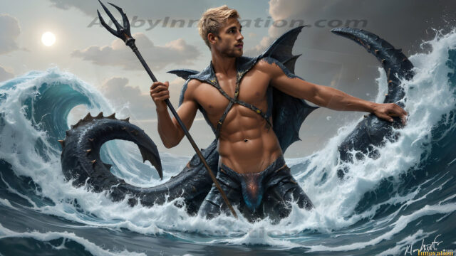 AI-generated HD photos featuring Mermen, The Warriors of the Sea. A collection of over 1,000 AI generated photo images of Mermen Warriors. Shirtless men from all age groups, with slim builds to hot and sexy, muscular body types, and from teenaged boys, to young men, to the handsome Elders. Merman warriors rising from a whirlpool, with a trident in hand, set against a stormy backdrop with dramatic lighting. Vibrant coral reefs, with detailed underwater scenes, highly realistic, with obsidian scales, that shimmer in the sunlight.