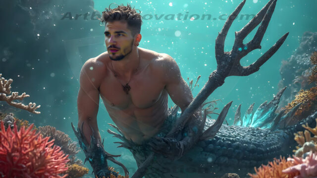 AI-generated HD photos featuring Mermen, The Warriors of the Sea. A collection of over 1,000 AI generated photo images of Mermen Warriors. Shirtless men from all age groups, with slim builds to hot and sexy, muscular body types, and from teenaged boys, to young men, to the handsome Elders. Merman warriors rising from a whirlpool, with a trident in hand, set against a stormy backdrop with dramatic lighting. Vibrant coral reefs, with detailed underwater scenes, highly realistic, with obsidian scales, that shimmer in the sunlight.