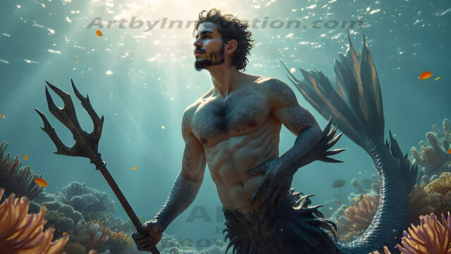 AI-generated HD photos featuring Mermen, The Warriors of the Sea. A collection of over 1,000 AI generated photo images of Mermen Warriors. Shirtless men from all age groups, with slim builds to hot and sexy, muscular body types, and from teenaged boys, to young men, to the handsome Elders. Merman warriors rising from a whirlpool, with a trident in hand, set against a stormy backdrop with dramatic lighting. Vibrant coral reefs, with detailed underwater scenes, highly realistic, with obsidian scales, that shimmer in the sunlight.