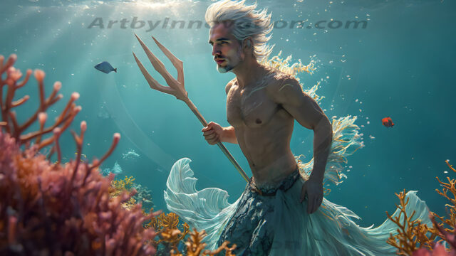 AI-generated HD photos featuring Mermen, The Warriors of the Sea. A collection of over 1,000 AI generated photo images of Mermen Warriors. Shirtless men from all age groups, with slim builds to hot and sexy, muscular body types, and from teenaged boys, to young men, to the handsome Elders. Merman warriors rising from a whirlpool, with a trident in hand, set against a stormy backdrop with dramatic lighting. Vibrant coral reefs, with detailed underwater scenes, highly realistic, with obsidian scales, that shimmer in the sunlight.
