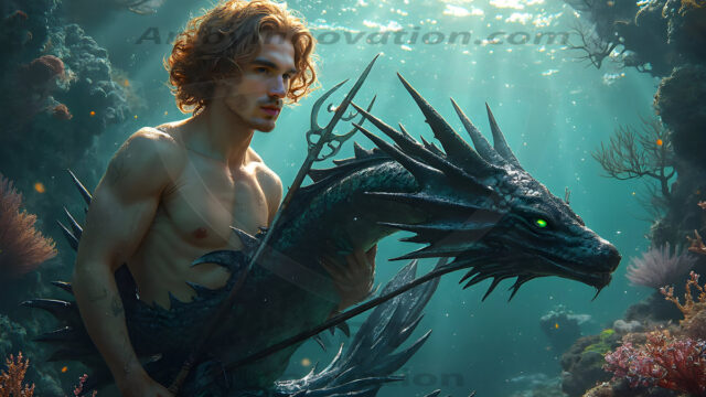 AI-generated HD photos featuring Mermen, The Warriors of the Sea. A collection of over 1,000 AI generated photo images of Mermen Warriors. Shirtless men from all age groups, with slim builds to hot and sexy, muscular body types, and from teenaged boys, to young men, to the handsome Elders. Merman warriors rising from a whirlpool, with a trident in hand, set against a stormy backdrop with dramatic lighting. Vibrant coral reefs, with detailed underwater scenes, highly realistic, with obsidian scales, that shimmer in the sunlight.