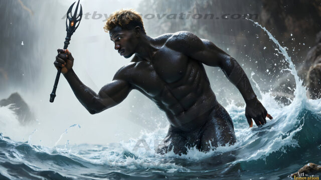 AI-generated HD photos featuring Mermen, The Warriors of the Sea. A collection of over 1,000 AI generated photo images of Mermen Warriors. Shirtless men from all age groups, with slim builds to hot and sexy, muscular body types, and from teenaged boys, to young men, to the handsome Elders. Merman warriors rising from a whirlpool, with a trident in hand, set against a stormy backdrop with dramatic lighting. Vibrant coral reefs, with detailed underwater scenes, highly realistic, with obsidian scales, that shimmer in the sunlight.