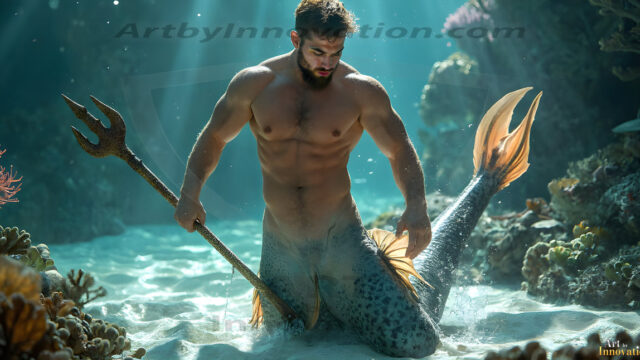 AI-generated HD photos featuring Mermen, The Warriors of the Sea. A collection of over 1,000 AI generated photo images of Mermen Warriors. Shirtless men from all age groups, with slim builds to hot and sexy, muscular body types, and from teenaged boys, to young men, to the handsome Elders. Merman warriors rising from a whirlpool, with a trident in hand, set against a stormy backdrop with dramatic lighting. Vibrant coral reefs, with detailed underwater scenes, highly realistic, with obsidian scales, that shimmer in the sunlight.
