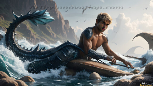 AI-generated HD photos featuring Mermen, The Warriors of the Sea. A collection of over 1,000 AI generated photo images of Mermen Warriors. Shirtless men from all age groups, with slim builds to hot and sexy, muscular body types, and from teenaged boys, to young men, to the handsome Elders. Merman warriors rising from a whirlpool, with a trident in hand, set against a stormy backdrop with dramatic lighting. Vibrant coral reefs, with detailed underwater scenes, highly realistic, with obsidian scales, that shimmer in the sunlight.