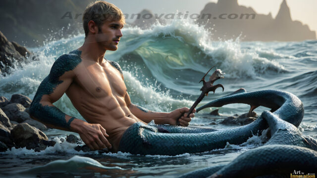 AI-generated HD photos featuring Mermen, The Warriors of the Sea. A collection of over 1,000 AI generated photo images of Mermen Warriors. Shirtless men from all age groups, with slim builds to hot and sexy, muscular body types, and from teenaged boys, to young men, to the handsome Elders. Merman warriors rising from a whirlpool, with a trident in hand, set against a stormy backdrop with dramatic lighting. Vibrant coral reefs, with detailed underwater scenes, highly realistic, with obsidian scales, that shimmer in the sunlight.