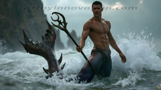 AI-generated HD photos featuring Mermen, The Warriors of the Sea. A collection of over 1,000 AI generated photo images of Mermen Warriors. Shirtless men from all age groups, with slim builds to hot and sexy, muscular body types, and from teenaged boys, to young men, to the handsome Elders. Merman warriors rising from a whirlpool, with a trident in hand, set against a stormy backdrop with dramatic lighting. Vibrant coral reefs, with detailed underwater scenes, highly realistic, with obsidian scales, that shimmer in the sunlight.