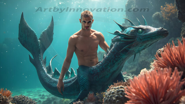 AI-generated HD photos featuring Mermen, The Warriors of the Sea. A collection of over 1,000 AI generated photo images of Mermen Warriors. Shirtless men from all age groups, with slim builds to hot and sexy, muscular body types, and from teenaged boys, to young men, to the handsome Elders. Merman warriors rising from a whirlpool, with a trident in hand, set against a stormy backdrop with dramatic lighting. Vibrant coral reefs, with detailed underwater scenes, highly realistic, with obsidian scales, that shimmer in the sunlight.