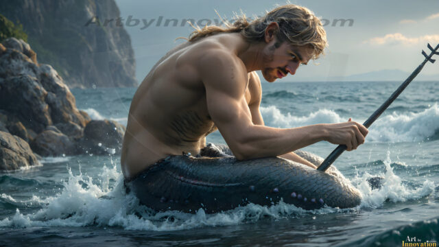 AI-generated HD photos featuring Mermen, The Warriors of the Sea. A collection of over 1,000 AI generated photo images of Mermen Warriors. Shirtless men from all age groups, with slim builds to hot and sexy, muscular body types, and from teenaged boys, to young men, to the handsome Elders. Merman warriors rising from a whirlpool, with a trident in hand, set against a stormy backdrop with dramatic lighting. Vibrant coral reefs, with detailed underwater scenes, highly realistic, with obsidian scales, that shimmer in the sunlight.