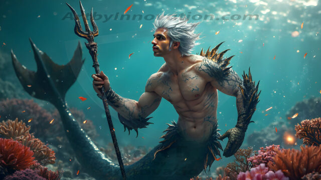 AI-generated HD photos featuring Mermen, The Warriors of the Sea. A collection of over 1,000 AI generated photo images of Mermen Warriors. Shirtless men from all age groups, with slim builds to hot and sexy, muscular body types, and from teenaged boys, to young men, to the handsome Elders. Merman warriors rising from a whirlpool, with a trident in hand, set against a stormy backdrop with dramatic lighting. Vibrant coral reefs, with detailed underwater scenes, highly realistic, with obsidian scales, that shimmer in the sunlight.