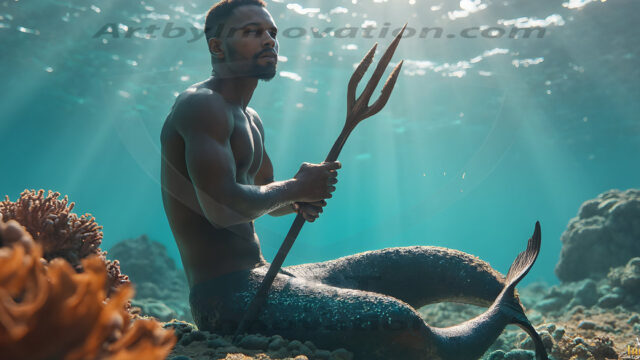 AI-generated HD photos featuring Mermen, The Warriors of the Sea. A collection of over 1,000 AI generated photo images of Mermen Warriors. Shirtless men from all age groups, with slim builds to hot and sexy, muscular body types, and from teenaged boys, to young men, to the handsome Elders. Merman warriors rising from a whirlpool, with a trident in hand, set against a stormy backdrop with dramatic lighting. Vibrant coral reefs, with detailed underwater scenes, highly realistic, with obsidian scales, that shimmer in the sunlight.