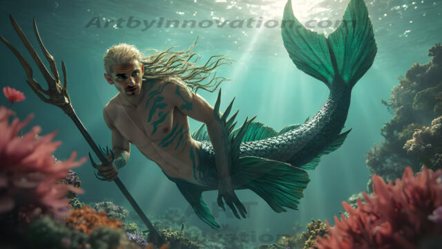AI-generated HD photos featuring Mermen, The Warriors of the Sea. A collection of over 1,000 AI generated photo images of Mermen Warriors. Shirtless men from all age groups, with slim builds to hot and sexy, muscular body types, and from teenaged boys, to young men, to the handsome Elders. Merman warriors rising from a whirlpool, with a trident in hand, set against a stormy backdrop with dramatic lighting. Vibrant coral reefs, with detailed underwater scenes, highly realistic, with obsidian scales, that shimmer in the sunlight.