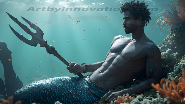 AI-generated HD photos featuring Mermen, The Warriors of the Sea. A collection of over 1,000 AI generated photo images of Mermen Warriors. Shirtless men from all age groups, with slim builds to hot and sexy, muscular body types, and from teenaged boys, to young men, to the handsome Elders. Merman warriors rising from a whirlpool, with a trident in hand, set against a stormy backdrop with dramatic lighting. Vibrant coral reefs, with detailed underwater scenes, highly realistic, with obsidian scales, that shimmer in the sunlight.