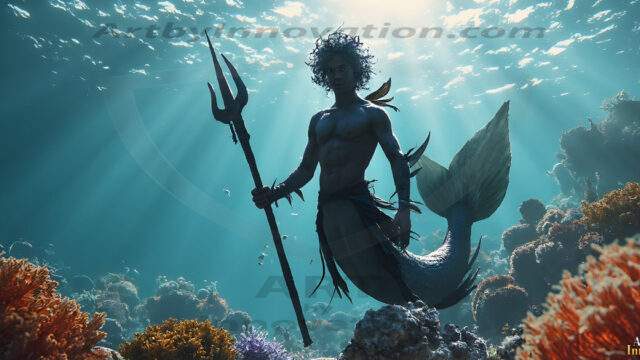 AI-generated HD photos featuring Mermen, The Warriors of the Sea. A collection of over 1,000 AI generated photo images of Mermen Warriors. Shirtless men from all age groups, with slim builds to hot and sexy, muscular body types, and from teenaged boys, to young men, to the handsome Elders. Merman warriors rising from a whirlpool, with a trident in hand, set against a stormy backdrop with dramatic lighting. Vibrant coral reefs, with detailed underwater scenes, highly realistic, with obsidian scales, that shimmer in the sunlight.