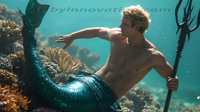 AI-generated HD photos featuring Mermen, The Warriors of the Sea. A collection of over 1,000 AI generated photo images of Mermen Warriors. Shirtless men from all age groups, with slim builds to hot and sexy, muscular body types, and from teenaged boys, to young men, to the handsome Elders. Merman warriors rising from a whirlpool, with a trident in hand, set against a stormy backdrop with dramatic lighting. Vibrant coral reefs, with detailed underwater scenes, highly realistic, with obsidian scales, that shimmer in the sunlight.