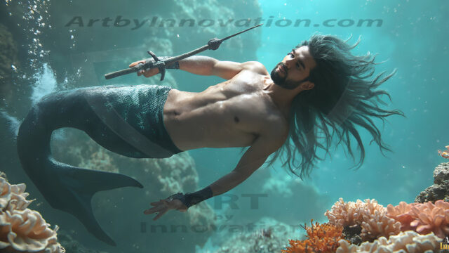 AI-generated HD photos featuring Mermen, The Warriors of the Sea. A collection of over 1,000 AI generated photo images of Mermen Warriors. Shirtless men from all age groups, with slim builds to hot and sexy, muscular body types, and from teenaged boys, to young men, to the handsome Elders. Merman warriors rising from a whirlpool, with a trident in hand, set against a stormy backdrop with dramatic lighting. Vibrant coral reefs, with detailed underwater scenes, highly realistic, with obsidian scales, that shimmer in the sunlight.