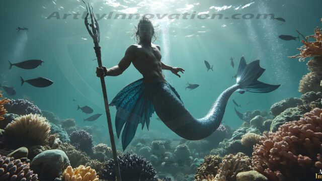 AI-generated HD photos featuring Mermen, The Warriors of the Sea. A collection of over 1,000 AI generated photo images of Mermen Warriors. Shirtless men from all age groups, with slim builds to hot and sexy, muscular body types, and from teenaged boys, to young men, to the handsome Elders. Merman warriors rising from a whirlpool, with a trident in hand, set against a stormy backdrop with dramatic lighting. Vibrant coral reefs, with detailed underwater scenes, highly realistic, with obsidian scales, that shimmer in the sunlight.