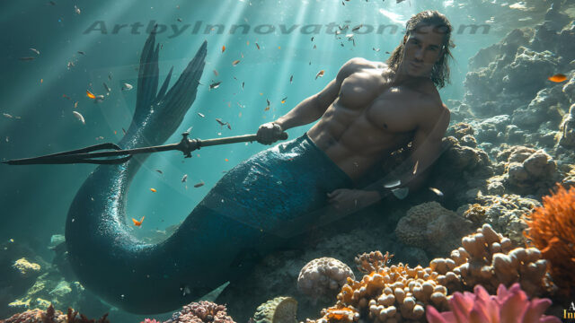 AI-generated HD photos featuring Mermen, The Warriors of the Sea. A collection of over 1,000 AI generated photo images of Mermen Warriors. Shirtless men from all age groups, with slim builds to hot and sexy, muscular body types, and from teenaged boys, to young men, to the handsome Elders. Merman warriors rising from a whirlpool, with a trident in hand, set against a stormy backdrop with dramatic lighting. Vibrant coral reefs, with detailed underwater scenes, highly realistic, with obsidian scales, that shimmer in the sunlight.