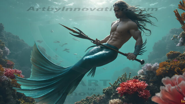 AI-generated HD photos featuring Mermen, The Warriors of the Sea. A collection of over 1,000 AI generated photo images of Mermen Warriors. Shirtless men from all age groups, with slim builds to hot and sexy, muscular body types, and from teenaged boys, to young men, to the handsome Elders. Merman warriors rising from a whirlpool, with a trident in hand, set against a stormy backdrop with dramatic lighting. Vibrant coral reefs, with detailed underwater scenes, highly realistic, with obsidian scales, that shimmer in the sunlight.