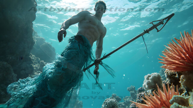 AI-generated HD photos featuring Mermen, The Warriors of the Sea. A collection of over 1,000 AI generated photo images of Mermen Warriors. Shirtless men from all age groups, with slim builds to hot and sexy, muscular body types, and from teenaged boys, to young men, to the handsome Elders. Merman warriors rising from a whirlpool, with a trident in hand, set against a stormy backdrop with dramatic lighting. Vibrant coral reefs, with detailed underwater scenes, highly realistic, with obsidian scales, that shimmer in the sunlight.