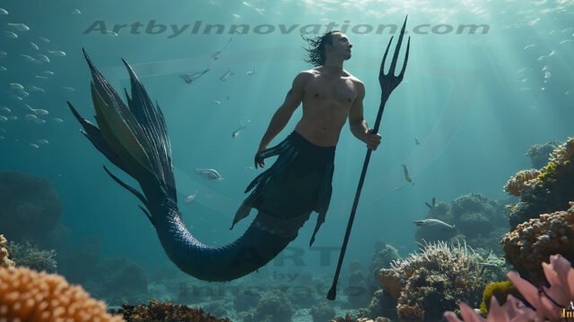 AI-generated HD photos featuring Mermen, The Warriors of the Sea. A collection of over 1,000 AI generated photo images of Mermen Warriors. Shirtless men from all age groups, with slim builds to hot and sexy, muscular body types, and from teenaged boys, to young men, to the handsome Elders. Merman warriors rising from a whirlpool, with a trident in hand, set against a stormy backdrop with dramatic lighting. Vibrant coral reefs, with detailed underwater scenes, highly realistic, with obsidian scales, that shimmer in the sunlight.