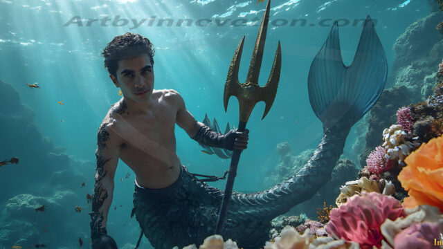 AI-generated HD photos featuring Mermen, The Warriors of the Sea. A collection of over 1,000 AI generated photo images of Mermen Warriors. Shirtless men from all age groups, with slim builds to hot and sexy, muscular body types, and from teenaged boys, to young men, to the handsome Elders. Merman warriors rising from a whirlpool, with a trident in hand, set against a stormy backdrop with dramatic lighting. Vibrant coral reefs, with detailed underwater scenes, highly realistic, with obsidian scales, that shimmer in the sunlight.