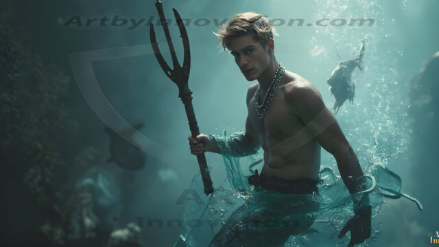 AI-generated HD photos featuring Mermen, The Warriors of the Sea. A collection of over 1,000 AI generated photo images of Mermen Warriors. Shirtless men from all age groups, with slim builds to hot and sexy, muscular body types, and from teenaged boys, to young men, to the handsome Elders. Merman warriors rising from a whirlpool, with a trident in hand, set against a stormy backdrop with dramatic lighting. Vibrant coral reefs, with detailed underwater scenes, highly realistic, with obsidian scales, that shimmer in the sunlight.